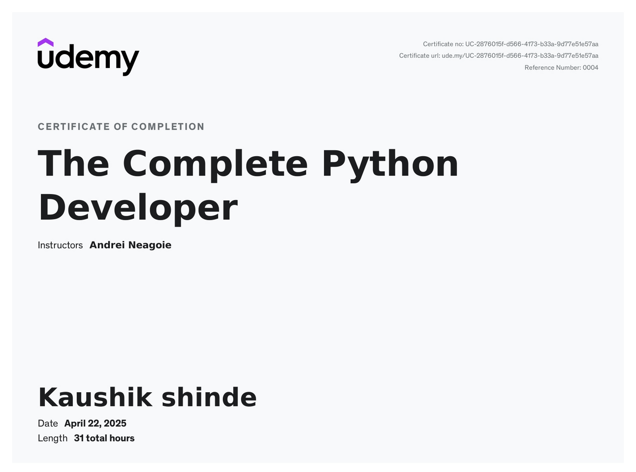 udemy Certificate
